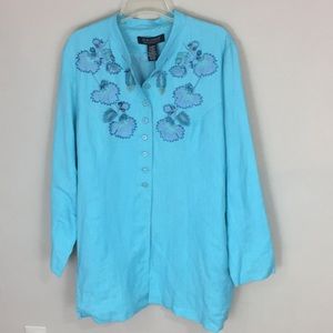 QVC Dialogue Turquoise Linen Blend Embroidered Jacket Coat NWT Size Large